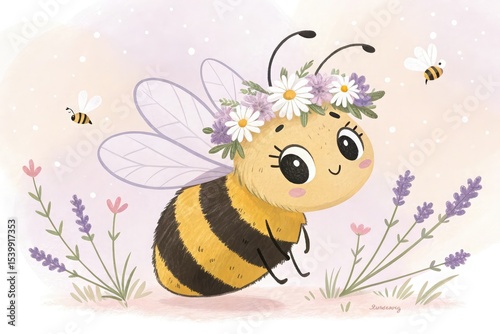 Adorable bumble bee with flower crown in lavender field