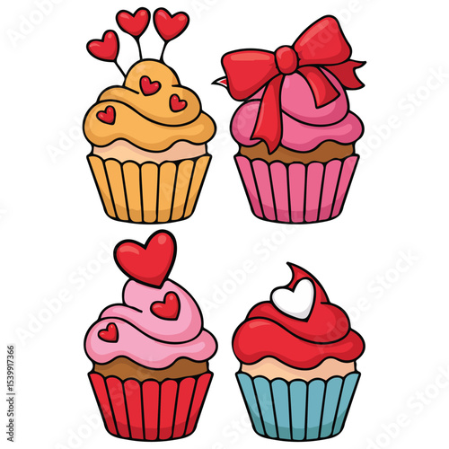 Valentines day cupcakes set vector isolated white background