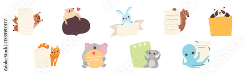 Funny Animal Character Holding Banner or Placard Vector Set