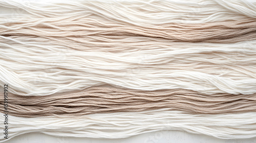 Soft natural yarn strands in white and beige colors are arranged in parallel lines, creating calm and textured artistic closeup of coarse filament yarns photo