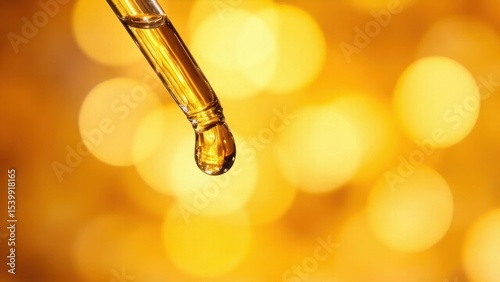 Macro shot of dropper tip with golden liquid drop. Cosmetics, beauty.
