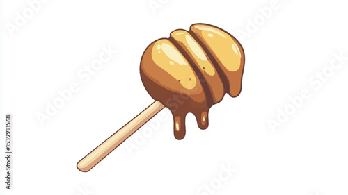 A digital illustration of a honeycomb candy on a wooden stick. The candy is depicted in shades of golden brown, with a textured surface suggesting honeycomb structure.  A glossy, dripping effect is