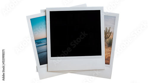 Pile of retro style white polaroids with pictures of beach, desert landscape, and a blank frame
