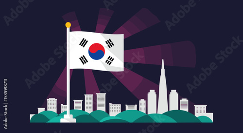 the South Korean flag waving above a modern city skyline. The flag features the iconic Taeguk symbol (red and blue) with four black trigrams and is contrasted against a vibrant, dynamic urban backgrou