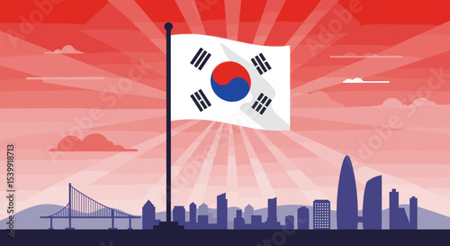 the South Korean flag waving above a modern city skyline. The flag features the iconic Taeguk symbol (red and blue) with four black trigrams and is contrasted against a vibrant, dynamic urban backgrou