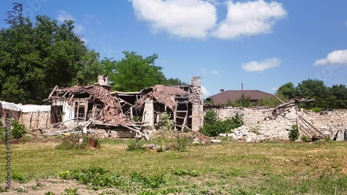 Abandoned Crumbling House with Broken Walls and Collapsed Roof. Urban Decay, Post-Apocalyptic Concept