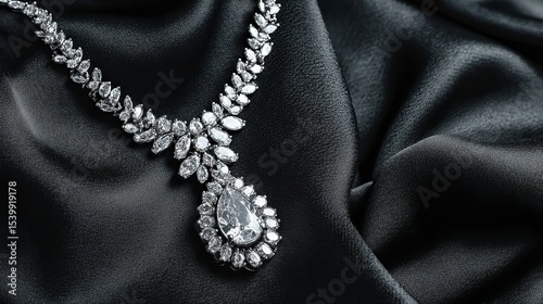 Elegant diamond necklace on black satin luxury fabric background