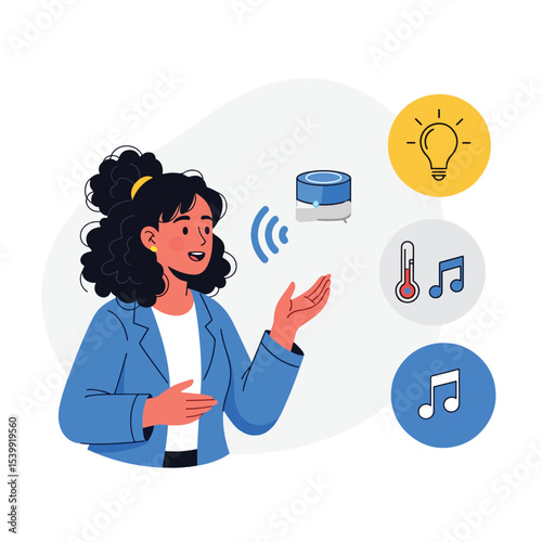 Person giving voice command to home assistant with icons of lights, thermostat, music