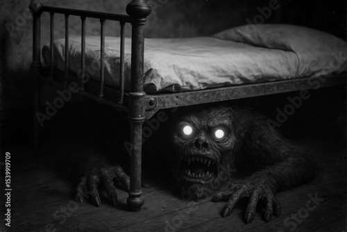 Monochrome horror: A terrifying creature with glowing eyes and sharp teeth lurks menacingly under an old bed in a dark, shadowy room. Childhood nightmare concept. photo