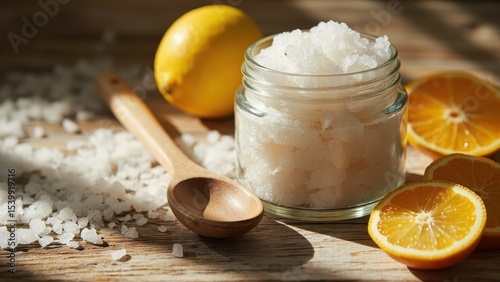 Natural sugar scrub with citrus and wooden spoon. Body care.