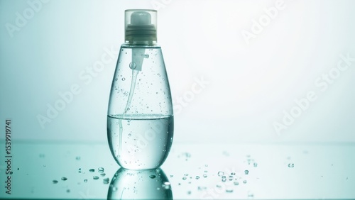 Clear spray bottle with liquid and droplets on wet surface. Care, freshness.