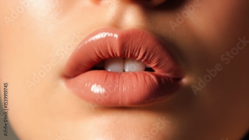 Close-up glossy lips with nude lipstick, teeth visible. Makeup, beauty.