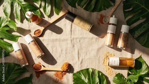 Flat lay of natural cosmetic products, leaves, and ingredients. Skin care.