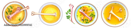 Delicious soup ingredients in bowls, showcasing broth and garnishes ready to serve.