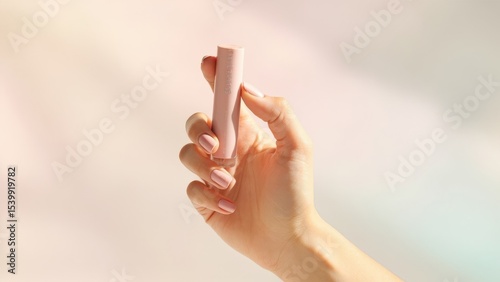 Hand holds pink lip balm tube. Cosmetics, lip care.