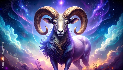 Majestic Ram with Cosmic Landscape.