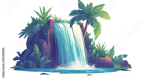 A digital illustration depicting a stylized waterfall cascading down rocks surrounded by lush tropical vegetation including palm trees. The style is cartoonish with vibrant, flat colors and smooth