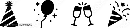 Black and white party icons including a party hat, balloon, clinking glasses, and a party popper.