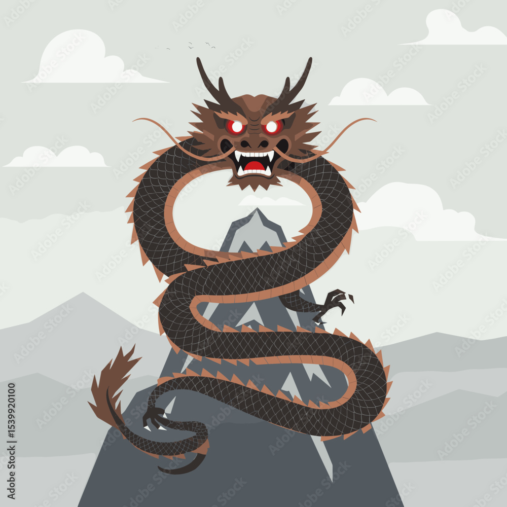 Obraz premium This image portrays a dramatic scene of a mythical black dragon perched atop a mountain, with glowing eyes and an intense expression