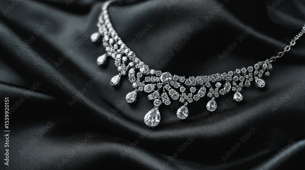 Fototapeta premium Elegant diamond necklace on black satin luxury fabric background