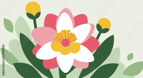 features a pink hibiscus flower in full bloom, with soft petals and a prominent central stamen. It is beautifully placed on a pastel background with soft green and pink accents.