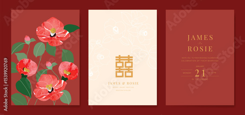 Modern Chinese wedding card vector set. Luxury invitation card design with watercolor poppy flower on red and beige. Illustration for vip cover, poster, rsvp modern card, Chinese New Year.