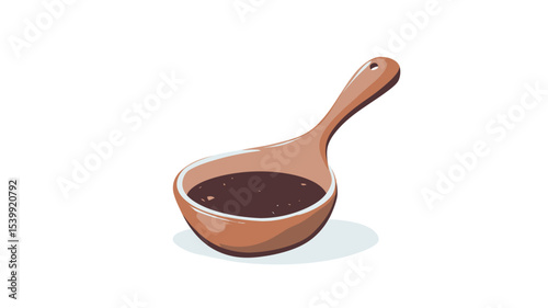 A digital illustration depicting a light brown wooden ladle filled with a dark brown sauce or liquid. The ladle is presented in a slightly three-quarter view against a pure white background.