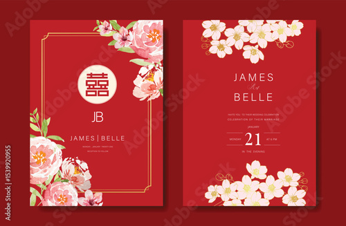 Modern Chinese wedding card vector set. Luxury invitation card design with watercolor rose, gold cherry blossom flower on red. Illustration for vip cover, poster, rsvp modern card, Chinese New Year.