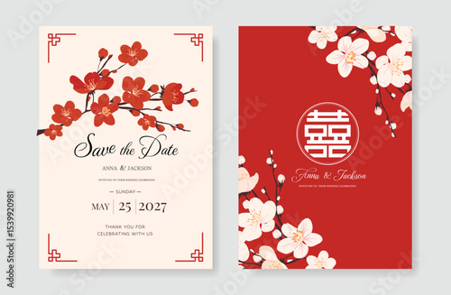 Modern Chinese wedding card vector set. Luxury invitation card design with cherry blossom flower, stalk on red and beige. Illustration for vip cover, poster, rsvp modern card, Chinese New Year.