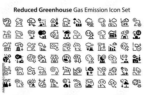 Reduced Greenhouse Gas Emission Icon Set.svg. sketches, logo illustrations, web symbols, outline style pictograms package isolated on white background. Vector graphics. stock illustration...