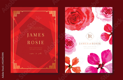 Modern Chinese wedding card vector set. Luxury invitation card design with watercolor rose flower on red and white. Illustration for vip cover, poster, rsvp modern card, Chinese New Year.