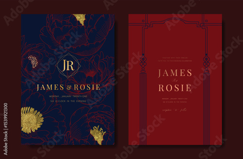 Modern Chinese wedding card vector set. Luxury invitation card design with peony flower line art, frame on red and navy blue. Illustration for vip cover, poster, rsvp modern card, Chinese New Year.
