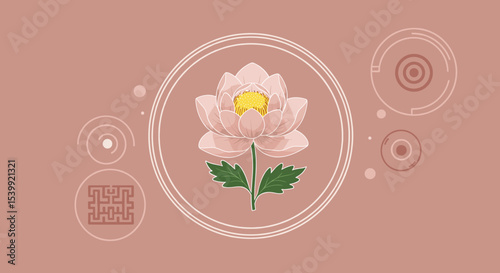 features a pink hibiscus flower in full bloom, with soft petals and a prominent central stamen. It is beautifully placed on a pastel background with soft green and pink accents.
