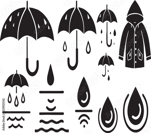Rain and Waterproof Protection Icons in Black Silhouette Style

