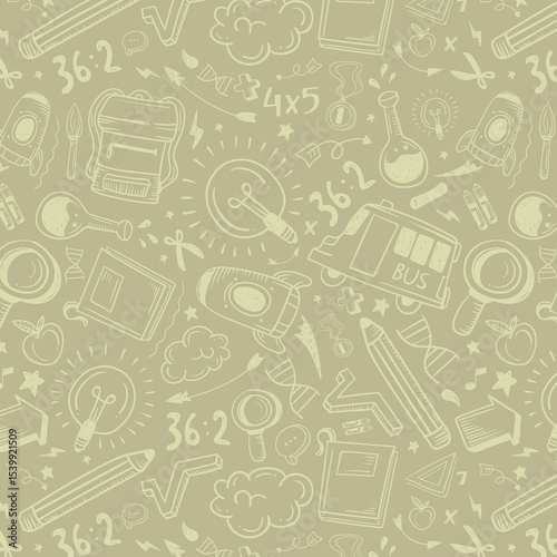 Education doodle seamless pattern. Science line hand drawn elements - mathematics formula, chemistry molecule, dna, graph, scientific experiment vector repeated background