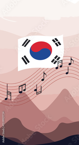displays the flag of South Korea, featuring a central yin-yang-like symbol (called Taeguk) in red and blue, surrounded by four black trigrams on each corner. It is set against a clear blue sky and flu