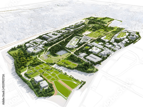 Urban park design with green spaces, trees, pathways, and buildings in city layout, showing detailed architectural plan with natural and constructed elements