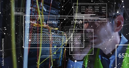 IT technician receiving phone call and inspecting cables for tracking performance using animated UI