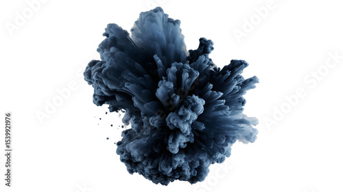 Artistic Smoke Explosion: An abstract capture of a mesmerizing dark blue explosion against a clean backdrop, filled with dynamic movement and texture. 