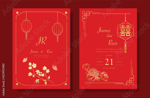 Modern Chinese wedding card vector set. Luxury invitation card design with gold line peony flower, lantern, butterfly on red. Illustration for vip cover, poster, rsvp modern card,Chinese New Year.