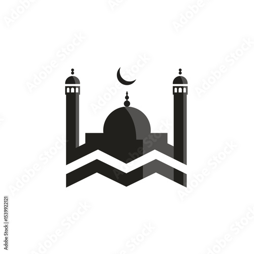 Black and white drawing of a mosque with a crescent moon on top. Concept of spirituality and reverence for the Islamic faith