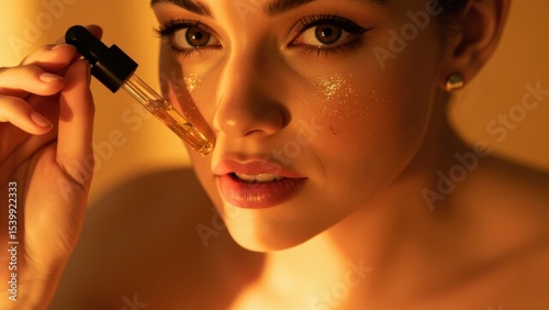 Person applies serum or oil with glitter with dropper to cheek. Care, beauty.