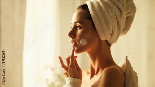 Person in towels applies face mask or cream with finger near mouth. Self-care.