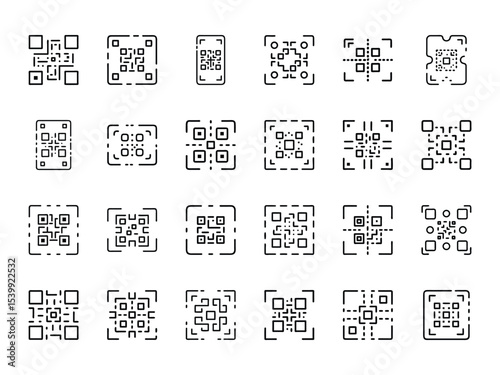 Collection of QR Code Icons in Minimal Silhouette Style on White Background – Scan, Barcode, and Digital Identification Symbol Set