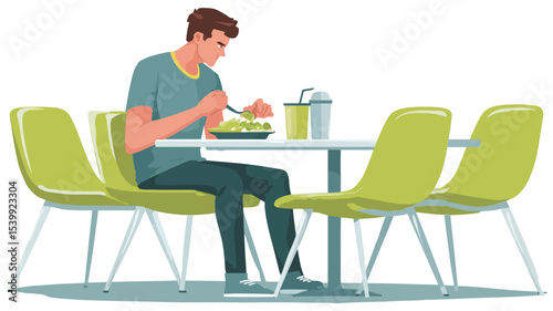 A vector illustration depicting a young man with short brown hair, wearing a grey t-shirt and dark pants, seated at a small round white table. He is eating a salad with a fork. 