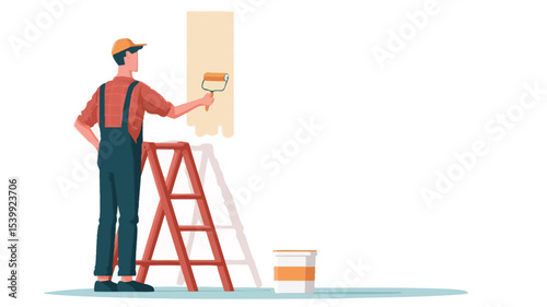 The image shows a stylized illustration of a male painter from behind, standing on a small stepladder, painting a light beige wall with a paint roller. He is wearing overalls and a cap. 