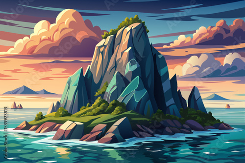 Isolated rocky island surrounded by vast ocean waters  vector illustration ideal for solitude, marine themes, adventure, and dramatic seascape concepts
