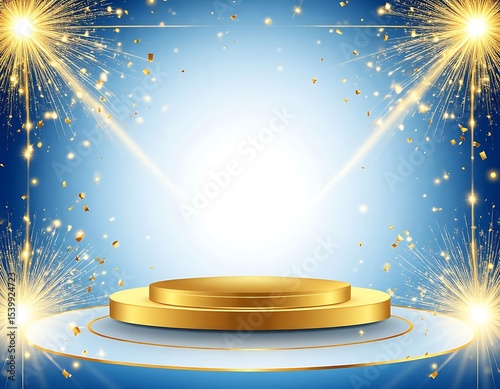 The golden pedestal on the stage has a light blue background with glowing golden rays. There are golden elements around the edges, fragments of fireworks, creating a festive effect.