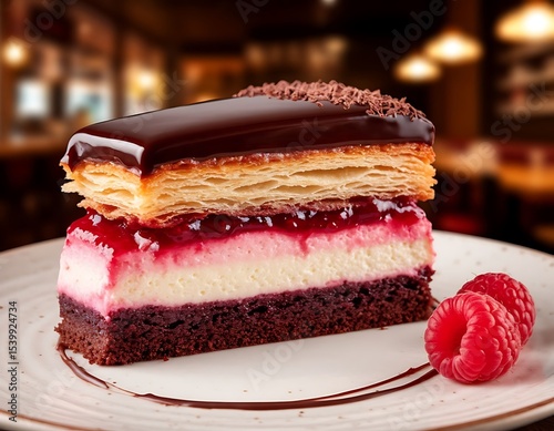 A piece of raspberry cake, a blurred background, and a cross-section of a luxurious puff pastry cake. raspberries on the plate, glossy dark chocolate glaze, delicate sponge cake, light choco