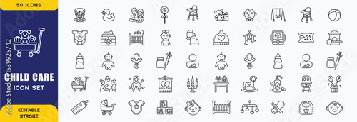  Child care icon set featuring baby items, parenting tools, safety symbols, and childcare essentials. Ideal for daycare, health, and family-related designs